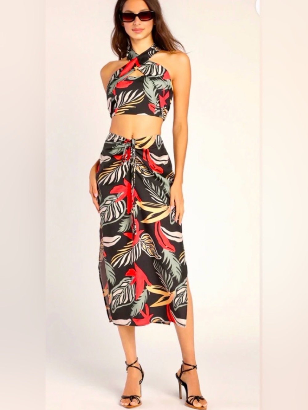 Lulu's Beautiful Tropical Leaf Midi Skirt with Red & Yellow Accents & Side Slits